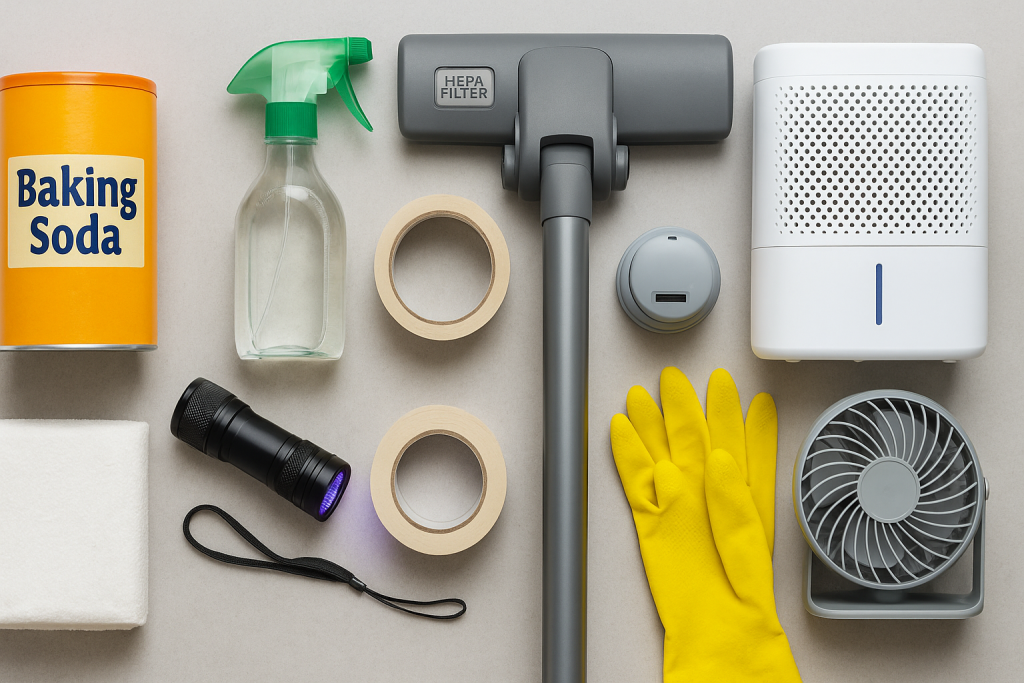 Flat lay of tools and supplies for odor removal including baking soda, HEPA vacuum, gloves, and fan