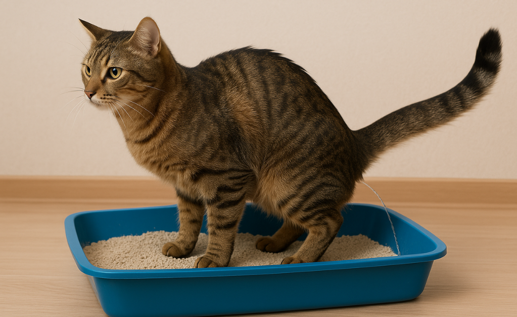 Cat peeing in a blue litter box on a wooden floor