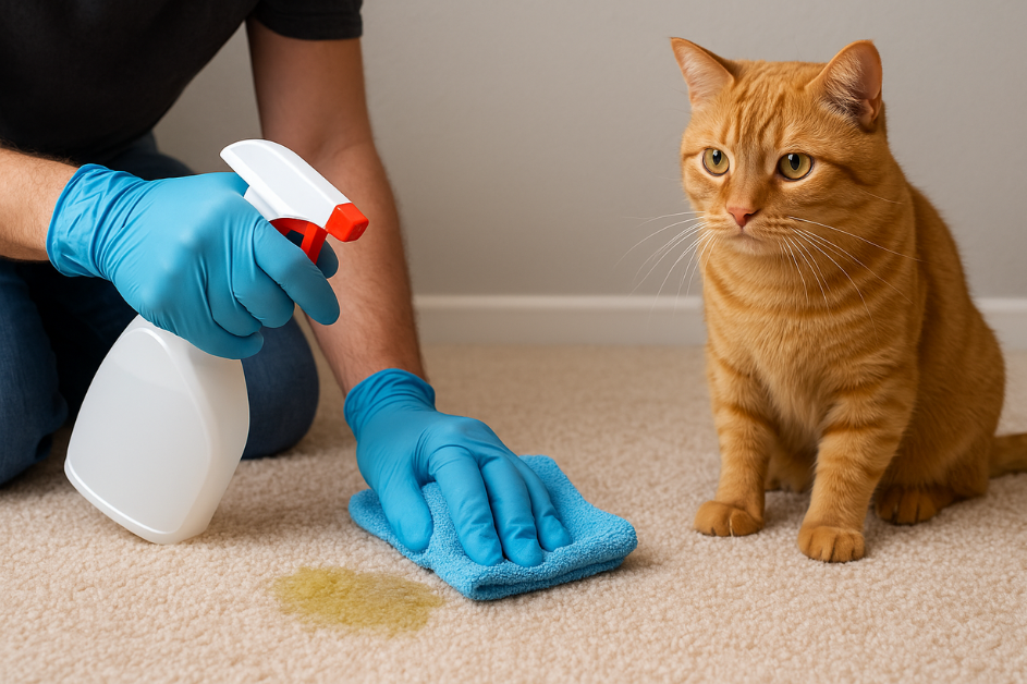 Person cleaning cat urine on carpet with spray and cloth beside an orange cat