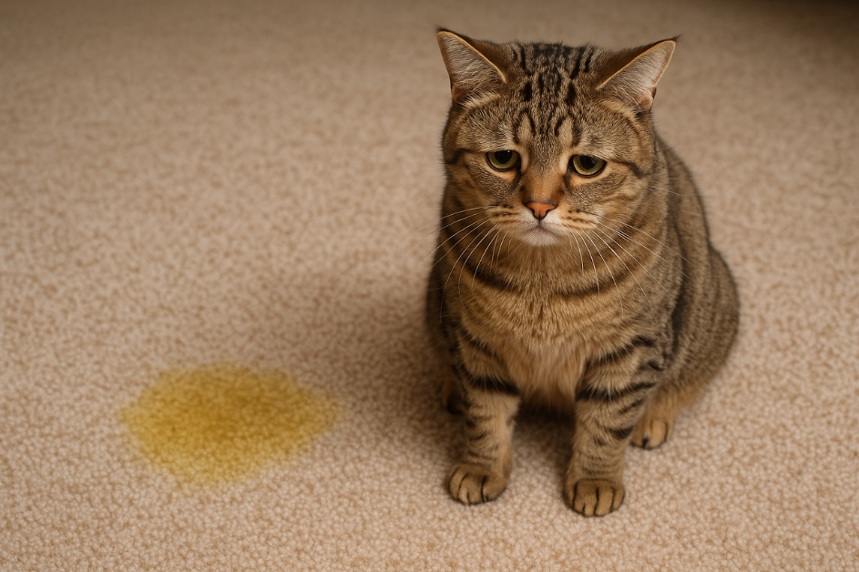 Sad looking cat sitting next to a urine stain on a beige carpet
